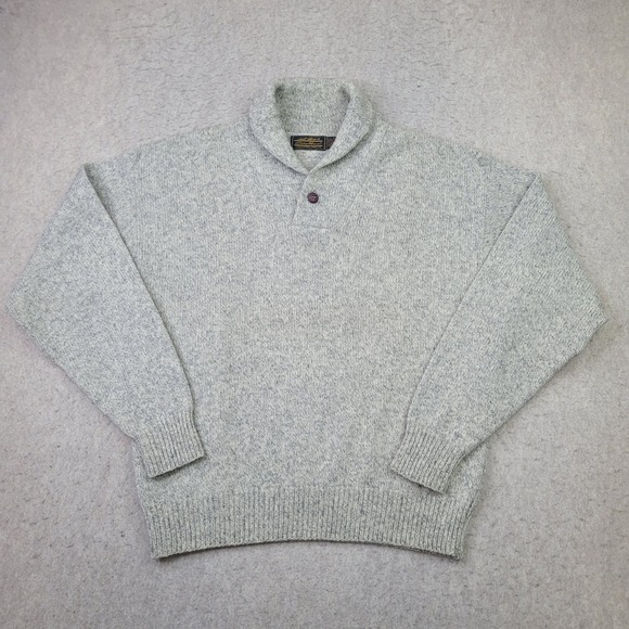 Vintage 90s Eddie Bauer Wool Shawl Collar Sweater Size L Beige Gray Knit Blend - Picture 1 of 8